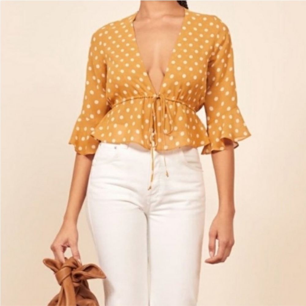 Reformation Faith Butterscotch Polka Dot Blouse Top Size Extra Small